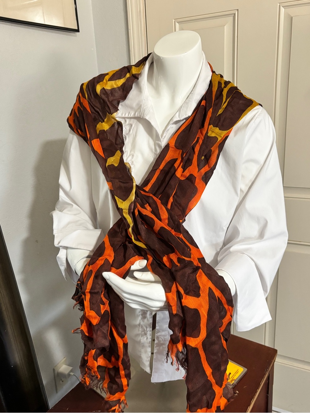 Joan Rivers Orange Brown and Yellow Abstract Print Scarf